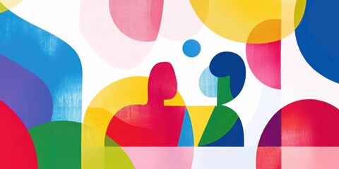 Abstract colorful overlapping shapes with silhouettes of two people in modern geometric style. Vibrant contemporary design with graphic pattern and bold color contrasts.