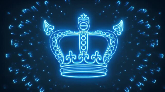 Glowing neon crown outline surrounded by sparkling blue lights on dark blue background