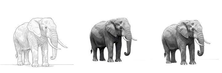 Obraz premium Set of three African elephants standing isolated on white background, wildlife illustration