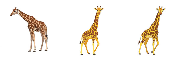 Fototapeta premium Set of three giraffes standing and walking isolated on white background, wildlife illustration