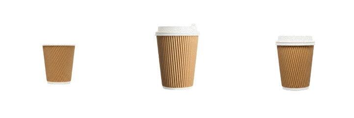 Set of disposable paper coffee cups with lids isolated on white background, mockup