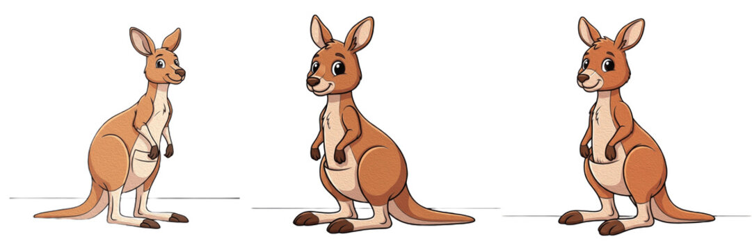 Set of three cute cartoon kangaroos standing isolated on white background, wildlife illustration