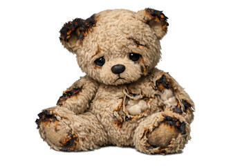 Burnt teddy bear showing fire damage, sad emotion, and conceptualizing childhood trauma or abandonment against a transparent background