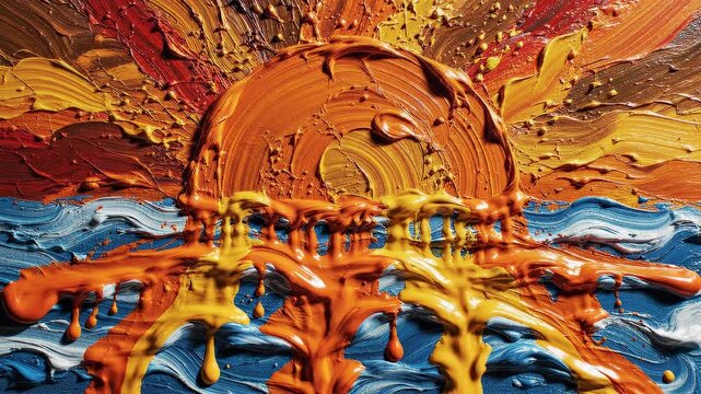 Vibrant impasto painting of a textured sunset over the ocean with thick, dripping paint for an artistic expression concept and creative abstract art