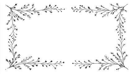 手描き風の繊細な植物と花の線画フレーム
