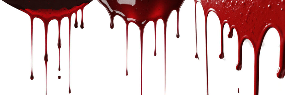 Realistic blood dripping down on white background, thick red liquid splashes for horror and halloween concept.