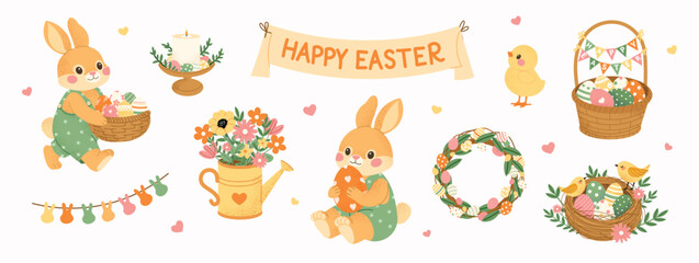 Easter spring design with cute bunny, decorated eggs, baskets, wreath, flowers and chick. Sweet holiday illustration posters and festive templates. Flat vector illustration.