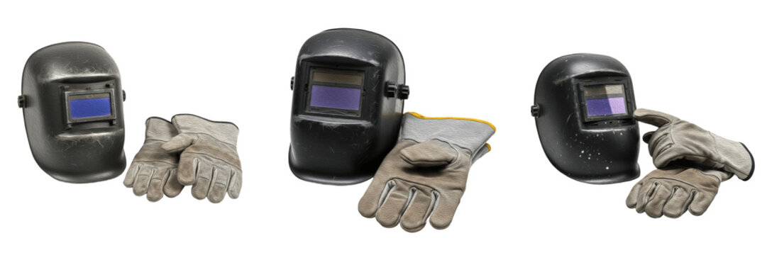 Professional auto-darkening welding helmet and heavy-duty protective leather gloves isolated on white background &ndash; industrial safety equipment set.
