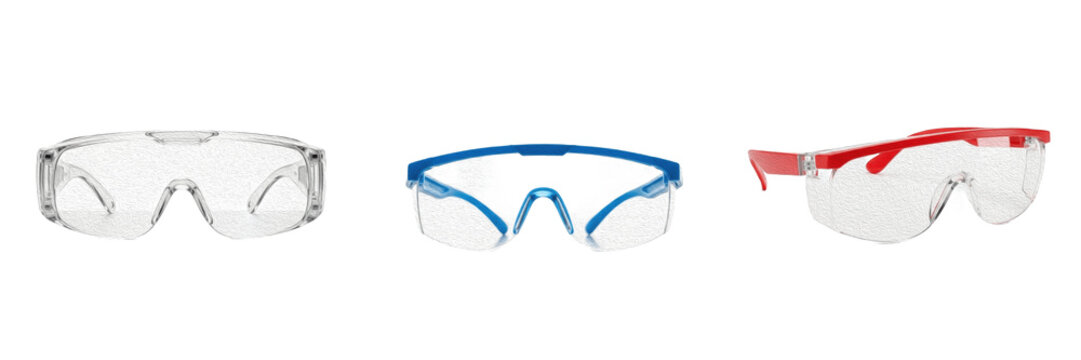 Professional Safety Goggles Set: Clear Protective Eyewear with Blue and Red Frames for Industrial and Laboratory Work Isolated on White Background