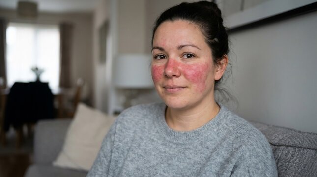 Adult woman with visible skin inflammation on cheeks and nose