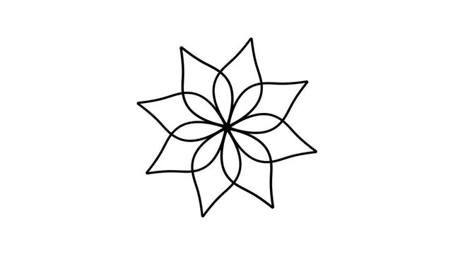 Black line art mandala flower animation rotating on white background. Abstract geometric floral pattern design element.