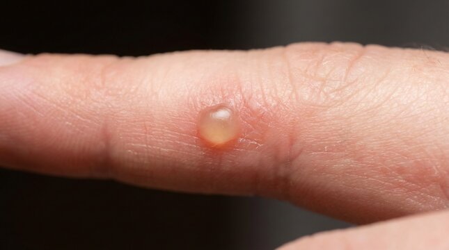 Close up of small fluid filled blister on human finger