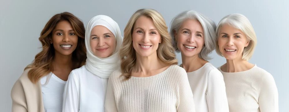 Multiethnic women of different ages smiling together in studio portrait. Video.