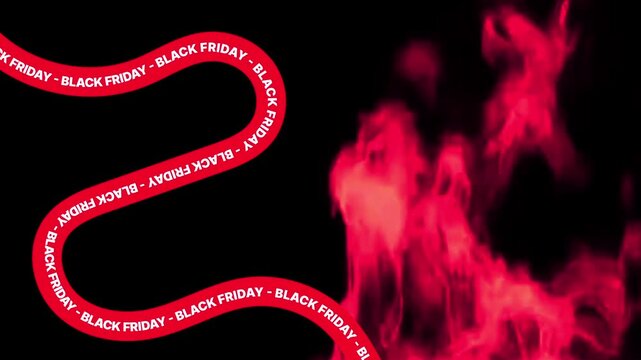 Black Friday text on red moving curved ribbons with fire background in a seamless infinite loop for social media ads.