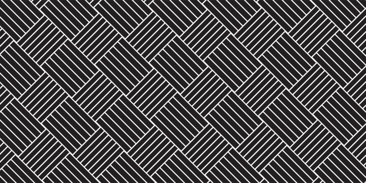 Seamless black and white basket weave geometric pattern featuring interlaced rectangular shapes with horizontal and vertical line details