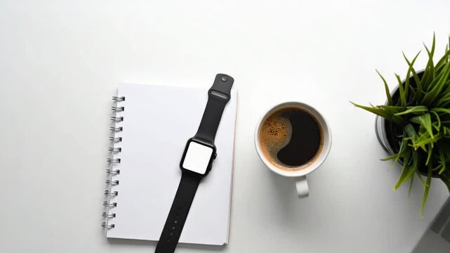 Minimalist workspace with smartwatch notebook coffee and green plant