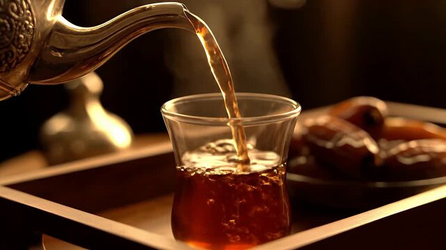 A cinematic close-up slow-motion shot of traditional Arabic tea being poured from a silver dallah pot into a small glass cup, with premium dates on a wooden tray in warm golden hour lighting.