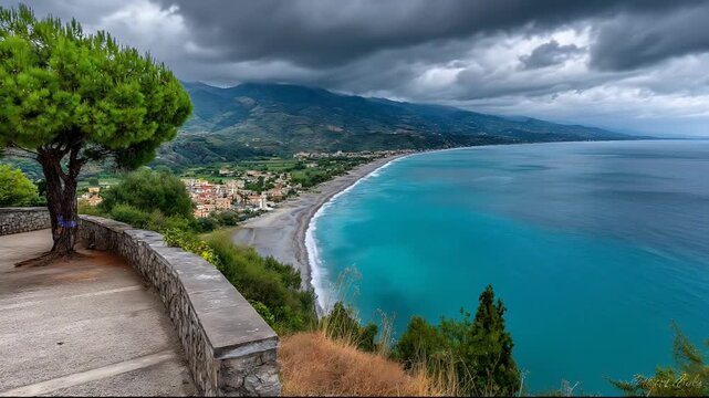 A serene coastal landscape with trees, mountains, and a body of water under a cloudy sky, viewed from a high vantage point 23 1 26 reference