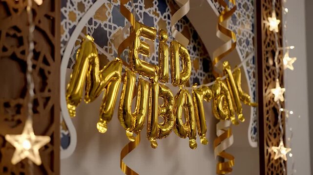 A close-up slow pan of a gold foil Eid Mubarak banner within an archway decorated with arabesque patterns, carved wood, and star-shaped string lights creating a festive, premium atmosphere.