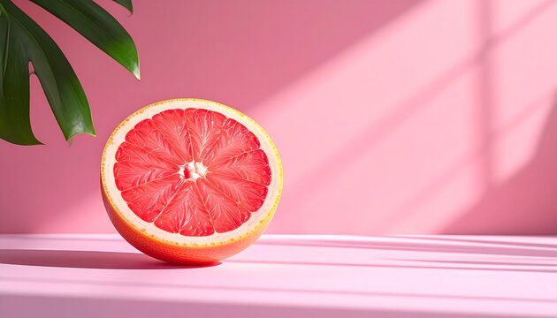 Juicy grapefruit half casting dynamic shadows on a vibrant pink background, featuring a lush tropical leaf, symbolizing refreshing summer energy and healthy citrus goodness in a minimalist setting