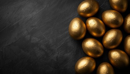 A collection of shiny golden eggs on a dark background