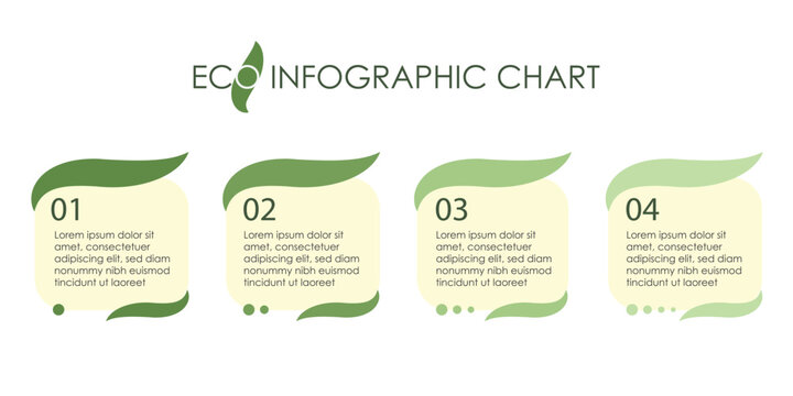 Eco infographic chart template with four steps, green leaf elements, and clean modern layout. Suitable for sustainability, environmental data, business process, and presentation design.