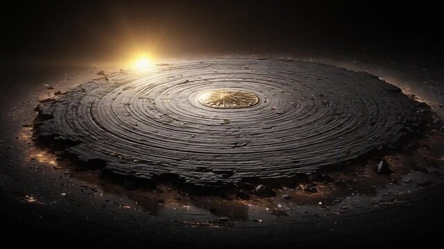 A celestial body with a disc-shaped surface of concentric rings, illuminated by a brilliant light source