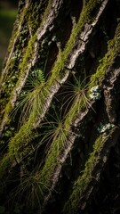 Fototapeta premium Detailed Macro View Of Ancient Tree Bark Covered In Lush Green Moss And Tiny Sprouts