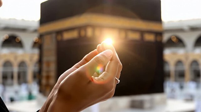 An extreme close-up shows a woman's hands cupped together in Dua (supplication). A sun flare peers through her fingers, with the Kaaba in Masjid al-Haram, Mecca, visible as a soft bokeh background.