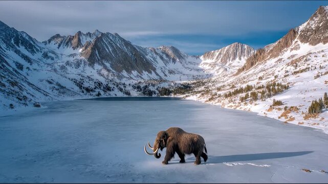 A majestic mammoth traverses a frozen lake in a stunning mountain range on a clear winter day