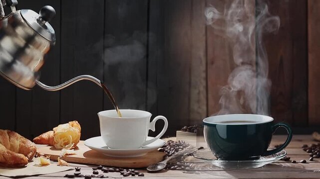 The slow-motion video shows hot coffee being poured into a cup, steam rising. Roasted coffee beans and bread are placed on the table. This video was shot with a digital camera and edited by colleagues
