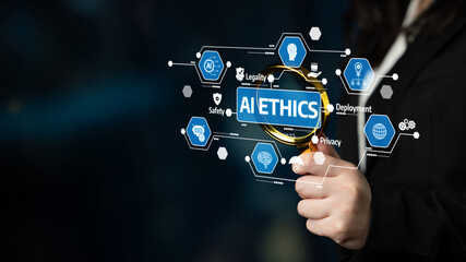 Naklejka premium Discover a visual representation of AI ethics, showcasing critical elements like safety, privacy, and legal concerns in the rapid development of technology and innovation. Tessel