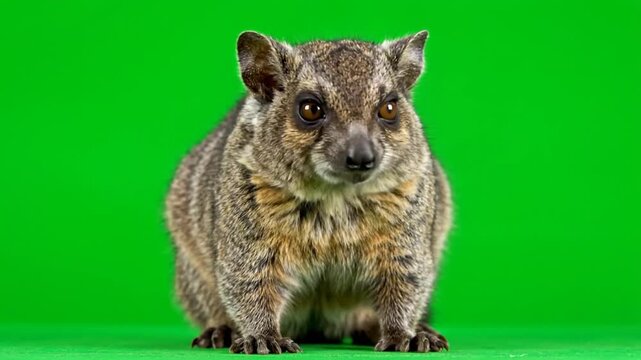 A Rock Hyrax Stands Still on a Green Screen Background.