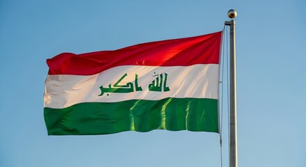Iraq flag waving against clear blue sky on flagpole in sunlight