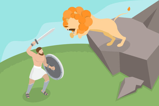 3D Isometric Flat Vector Illustration of Nemean Lion, Heracles Battles, First Of Twelve Labours