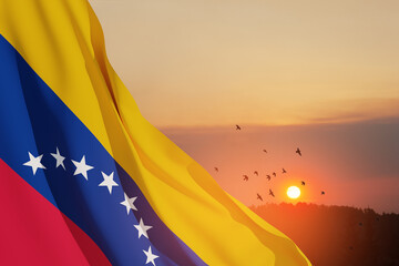 Fototapeta premium Venezuela flag on background of sunset sky with flying birds. Patriotic concept. Banner with place for text.