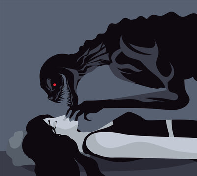 sleep paralysis demon stalking a sleeping woman