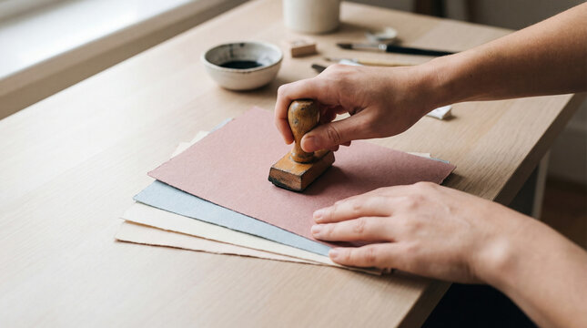 Hands holding a wooden stamp and gently stamping on pastel paper.