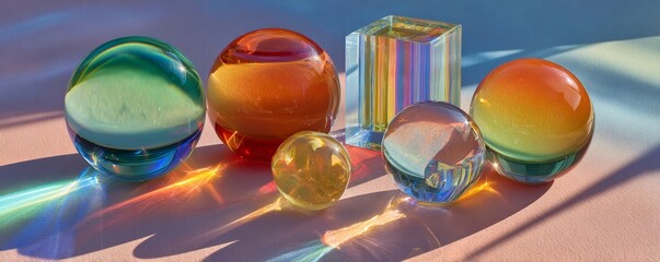 Glass spheres and a geometric cube sitting on a surface, refracting light into colorful caustics and spectral patterns