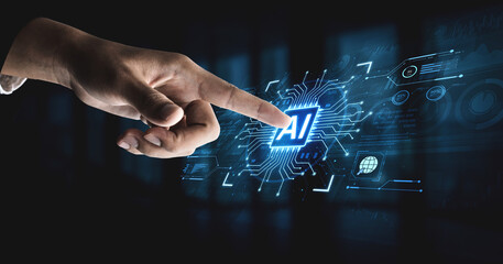 A futuristic AI core processor and system analytics dashboard. This concept highlights the raw processing power of AI for deep data analysis, system diagnostics, and global network monitoring. Fermion