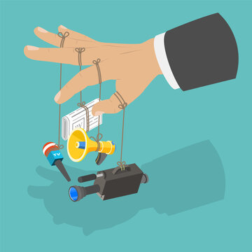 3D Isometric Flat Vector Illustration of Fake And Disinformation, Businessman Arm Manipulating Media