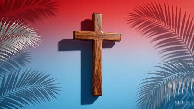 Sacred Shadow &mdash; Wooden Cross with Palm Leaf Shadow on Gradient, Palm Sunday Devotion, Holy Week Reverence