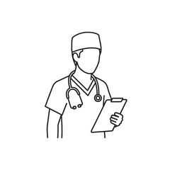 Line art drawing of a medical professional wearing scrubs and a stethoscope, holding a clipboard.