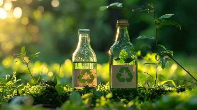 Eco-friendly glass bottles with recycling symbols in lush green nature