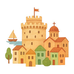 PNG Charming watercolor medieval town illustration.