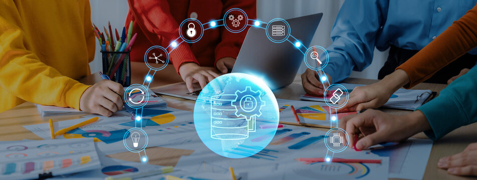 A dynamic collaborative workspace showcasing various individuals actively engaged in data analysis and strategic planning using digital tools and vibrant brainstorming techniques. Trope