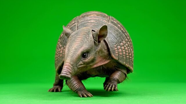 Close-up of a Three-banded Armadillo on a vibrant green background.