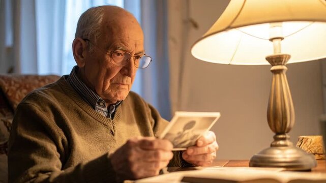 Elderly man reminiscing, looking at old photograph under warm lamp light