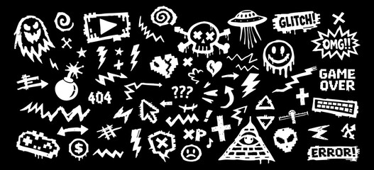 White hand-drawn graffiti and pixel art doodle elements on a black background featuring skulls, bombs, lightning, and gaming-themed symbols.