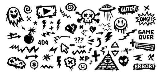 Set of hand-drawn graffiti style doodles, urban streetwear icons, and retro gaming elements in black ink on a white background.